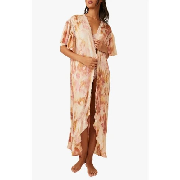 NWOT Free People abstract tie dye print satin effect & lace accent washed robe - Picture 8 of 16